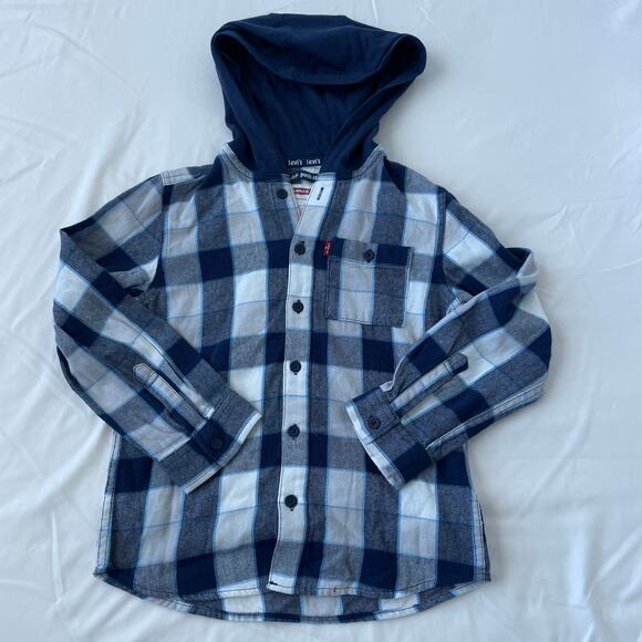Levis Boys Flannel Shacket Hoodie Size 6-7  Blue Plaid - Picture 1 of 6